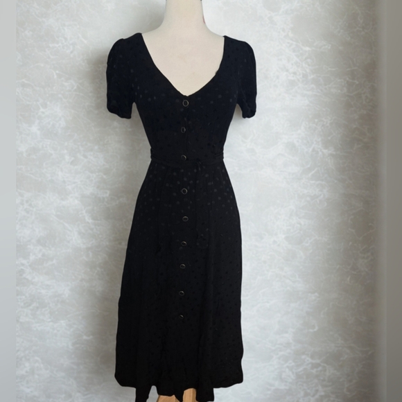 MNG Mango Women's Button Front Tie Black Casual Satin Polka Dress Small 4 - Picture 1 of 5